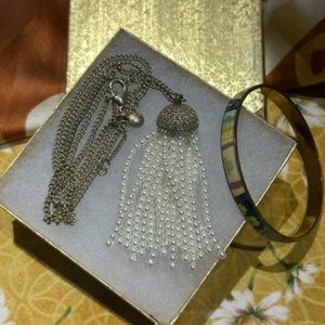 J CREW SET - VTG Rhinestone Necklace Pearl Tassel/Gold Enamel Bangle